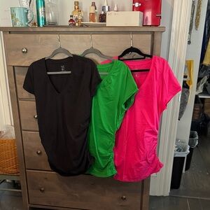 New York & Company Short Sleeve V-Neck Tops - Black, Green, Pink